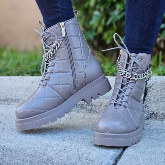 Womens Chunky Block Heel Ankle Combat Boots Taupe Color - Picture 1 of 6